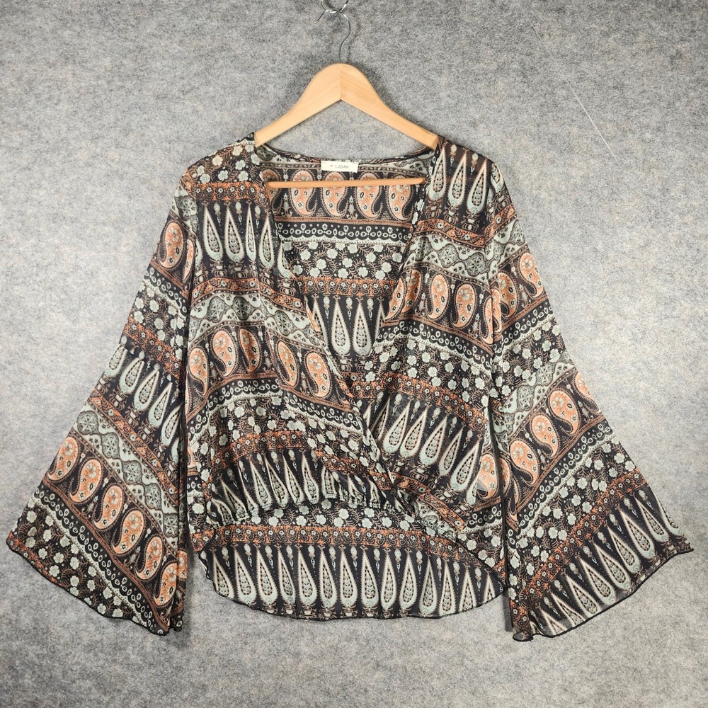 i.JOAH Womens Paisley Bell Sleeve Surplice Blouse Shirt Top Orange Black S Sheer